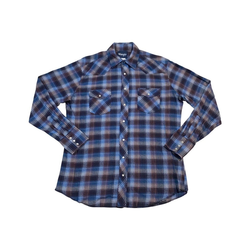 Wrangler Mens Blue Brown Plaid Western Pearl Snap Flannel Shirt Tall Large LT